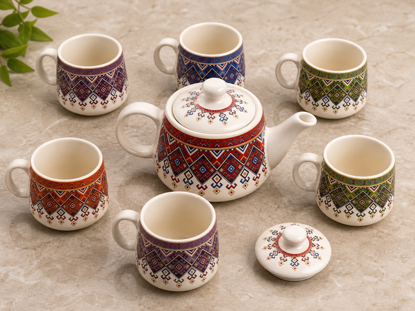 Ethnic Pattern Ceramic Tea Pot Set – Handcrafted Tea Set for Everyday Elegance