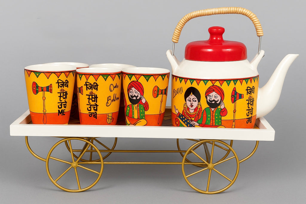 Premium Hand-Painted Ceramic Tea Cup Set with Kettle & Wooden Thela (6 Cups + 1 Kettle)