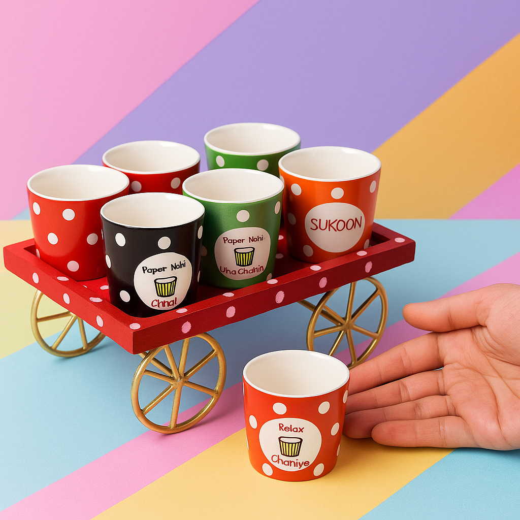 Chai Cup Gift Set with Wooden Cart | 6 Piece Ceramic Tea Cups | Handcrafted Indian Gift