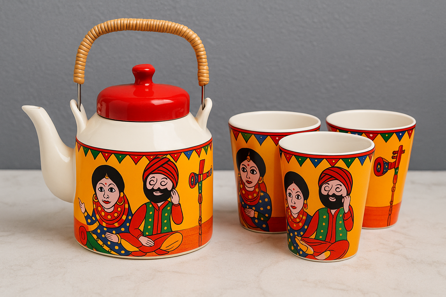 Premium Hand-Painted Ceramic Tea Cup Set with Kettle & Wooden Thela (6 Cups + 1 Kettle)