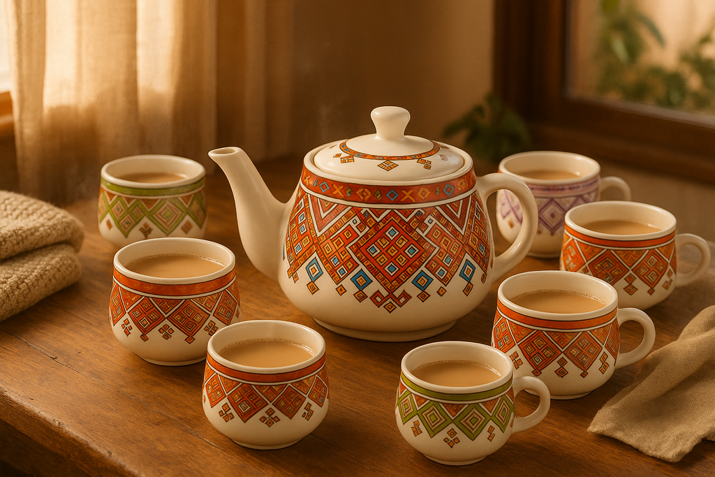 Hand-Painted Indian Ceramic Tea Set – 1 Kettle & 6 Cups | Ethnic Chai Set for Home & Gifting