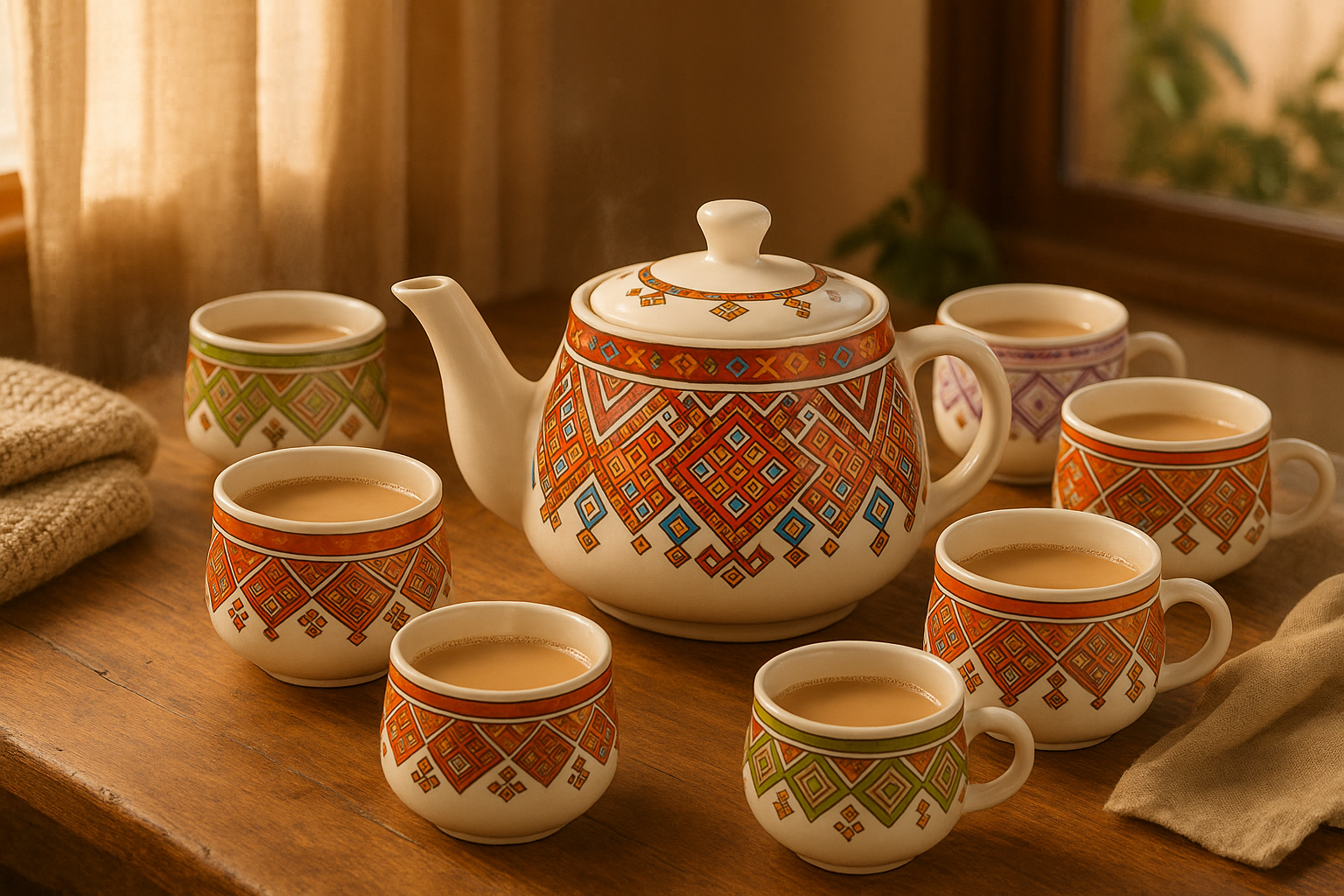 Hand-Painted Indian Ceramic Tea Set – 1 Kettle & 6 Cups | Ethnic Chai Set for Home & Gifting