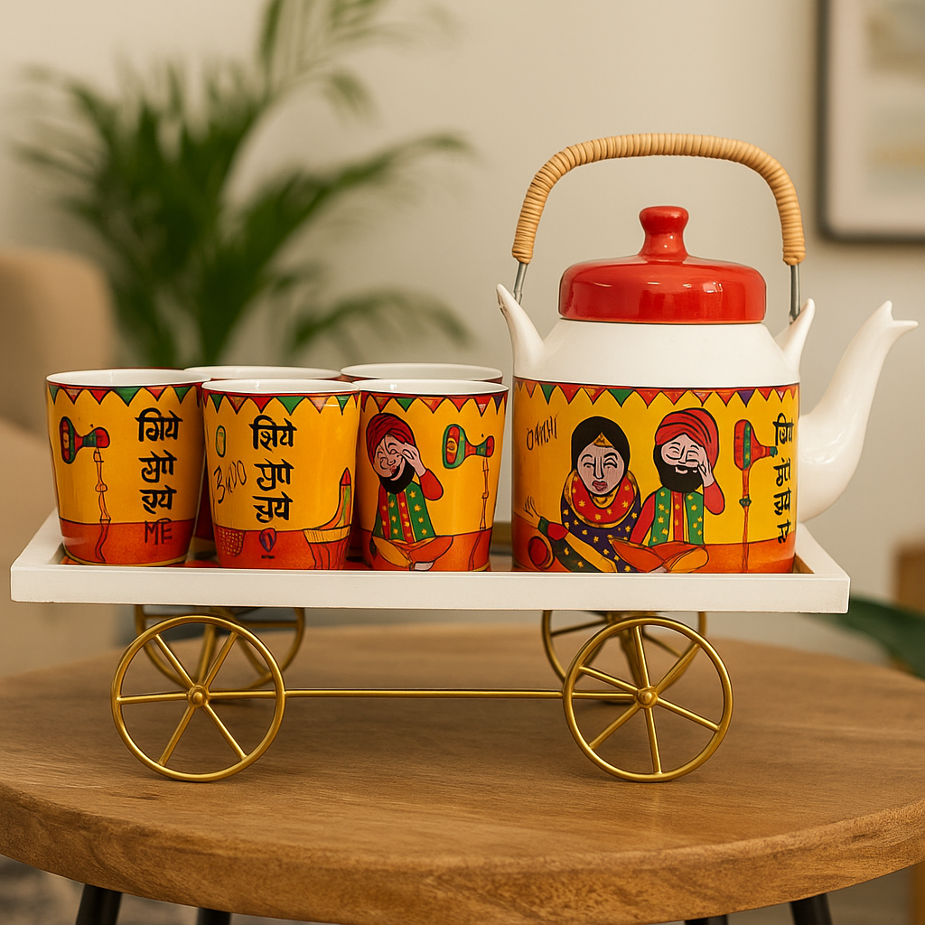 Premium Hand-Painted Ceramic Tea Cup Set with Kettle & Wooden Thela (6 Cups + 1 Kettle)
