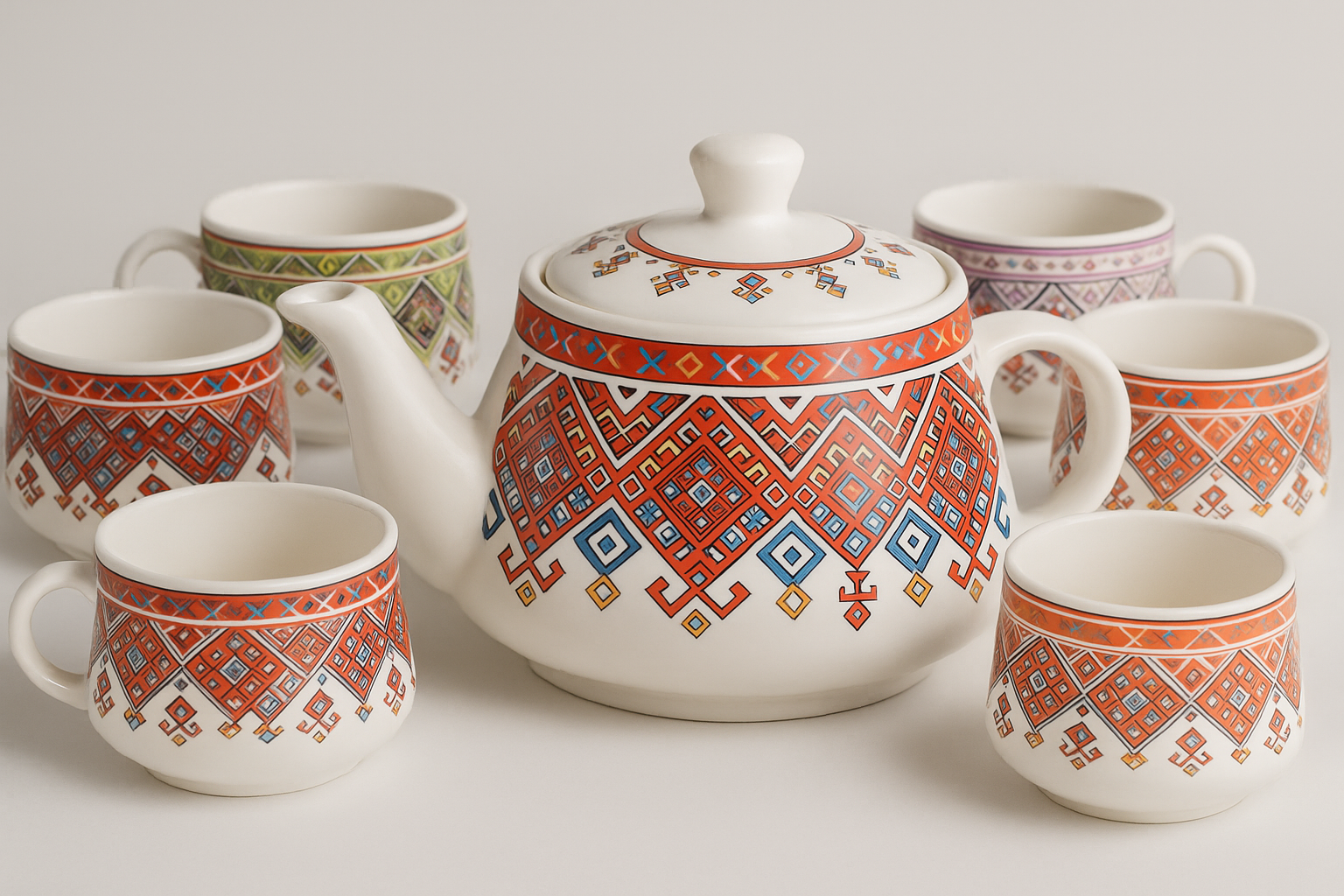 Hand-Painted Indian Ceramic Tea Set – 1 Kettle & 6 Cups | Ethnic Chai Set for Home & Gifting