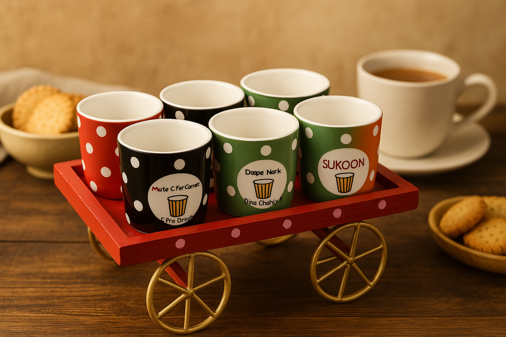 Chai Cup Gift Set with Wooden Cart | 6 Piece Ceramic Tea Cups | Handcrafted Indian Gift