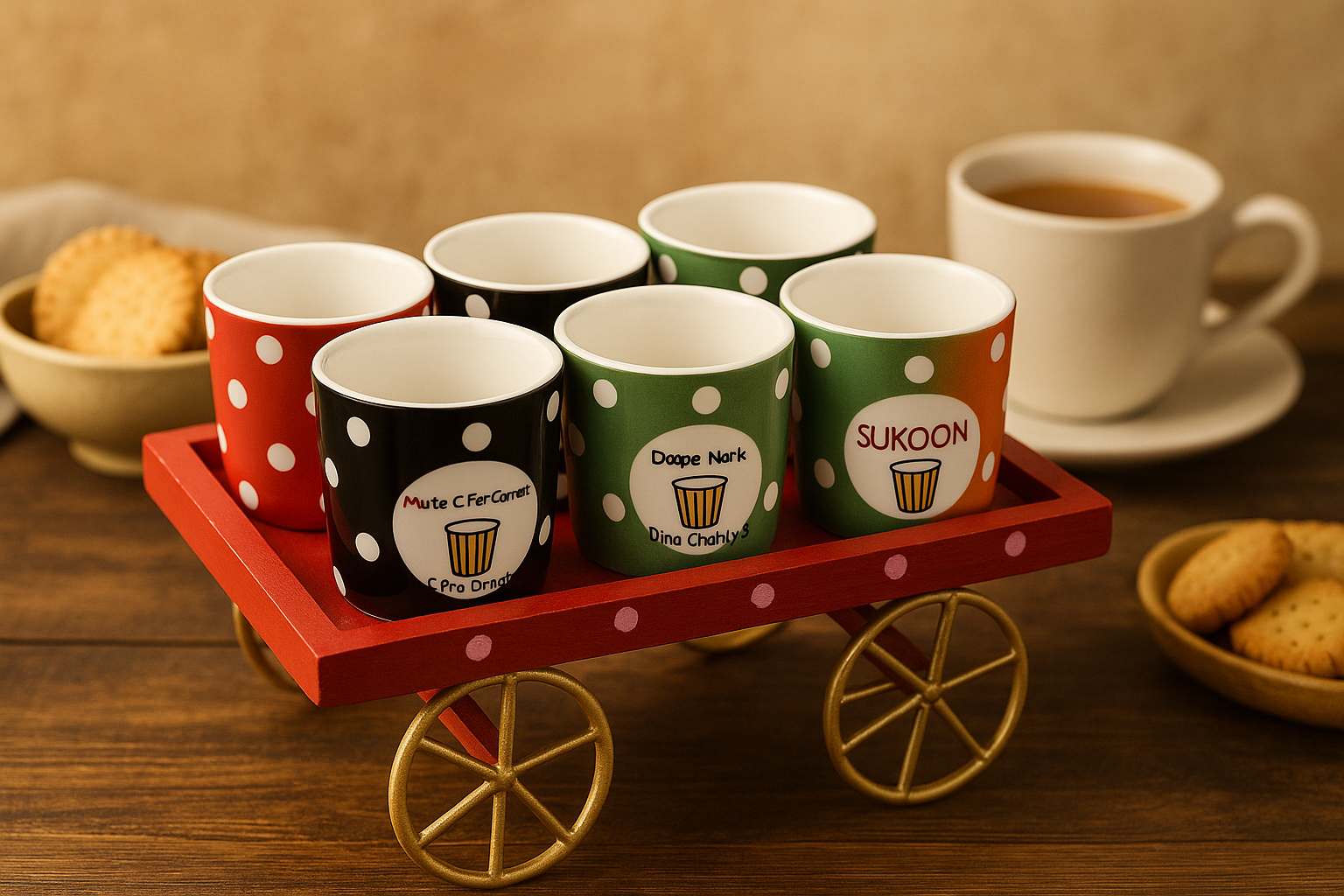 Chai Cup Gift Set with Wooden Cart | 6 Piece Ceramic Tea Cups | Handcrafted Indian Gift