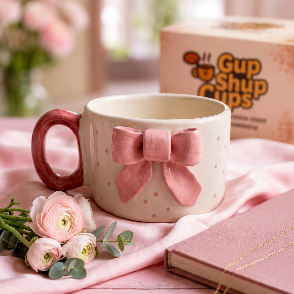 Pink Bow Mug with GupShupCups packaging