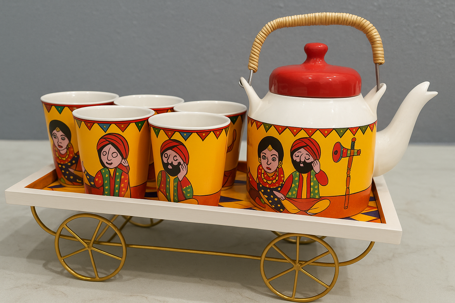 Premium Hand-Painted Ceramic Tea Cup Set with Kettle & Wooden Thela (6 Cups + 1 Kettle)