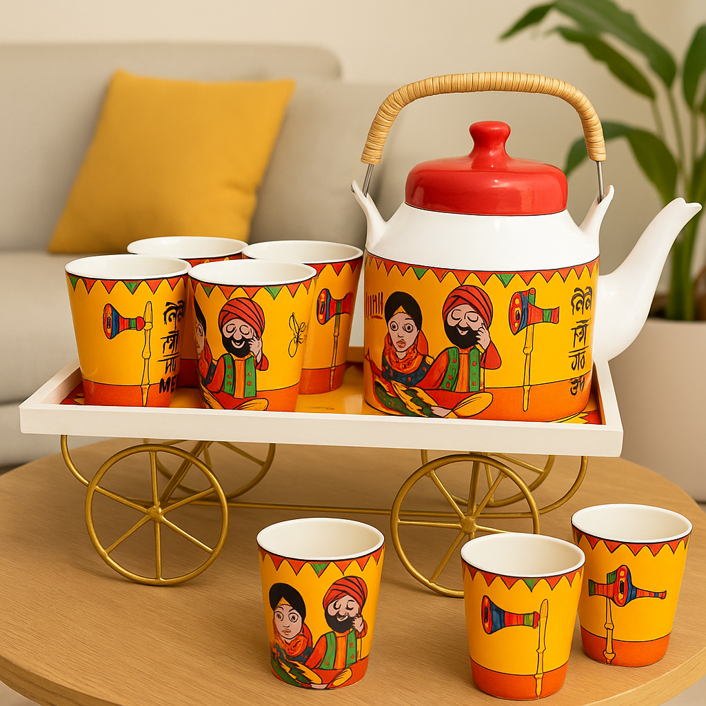 Premium Hand-Painted Ceramic Tea Cup Set with Kettle & Wooden Thela (6 Cups + 1 Kettle)