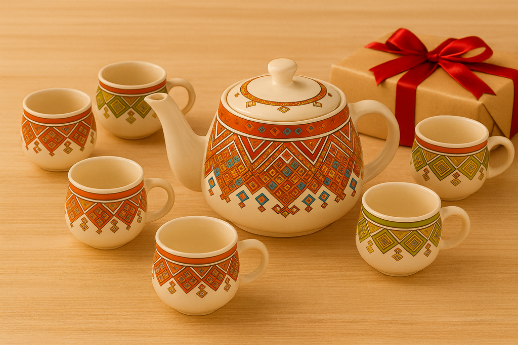 Hand-Painted Indian Ceramic Tea Set – 1 Kettle & 6 Cups | Ethnic Chai Set for Home & Gifting