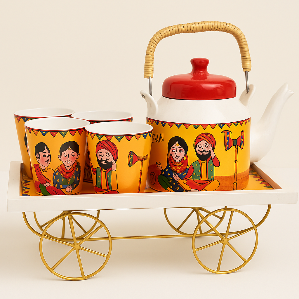 Premium Hand-Painted Ceramic Tea Cup Set with Kettle & Wooden Thela (6 Cups + 1 Kettle)