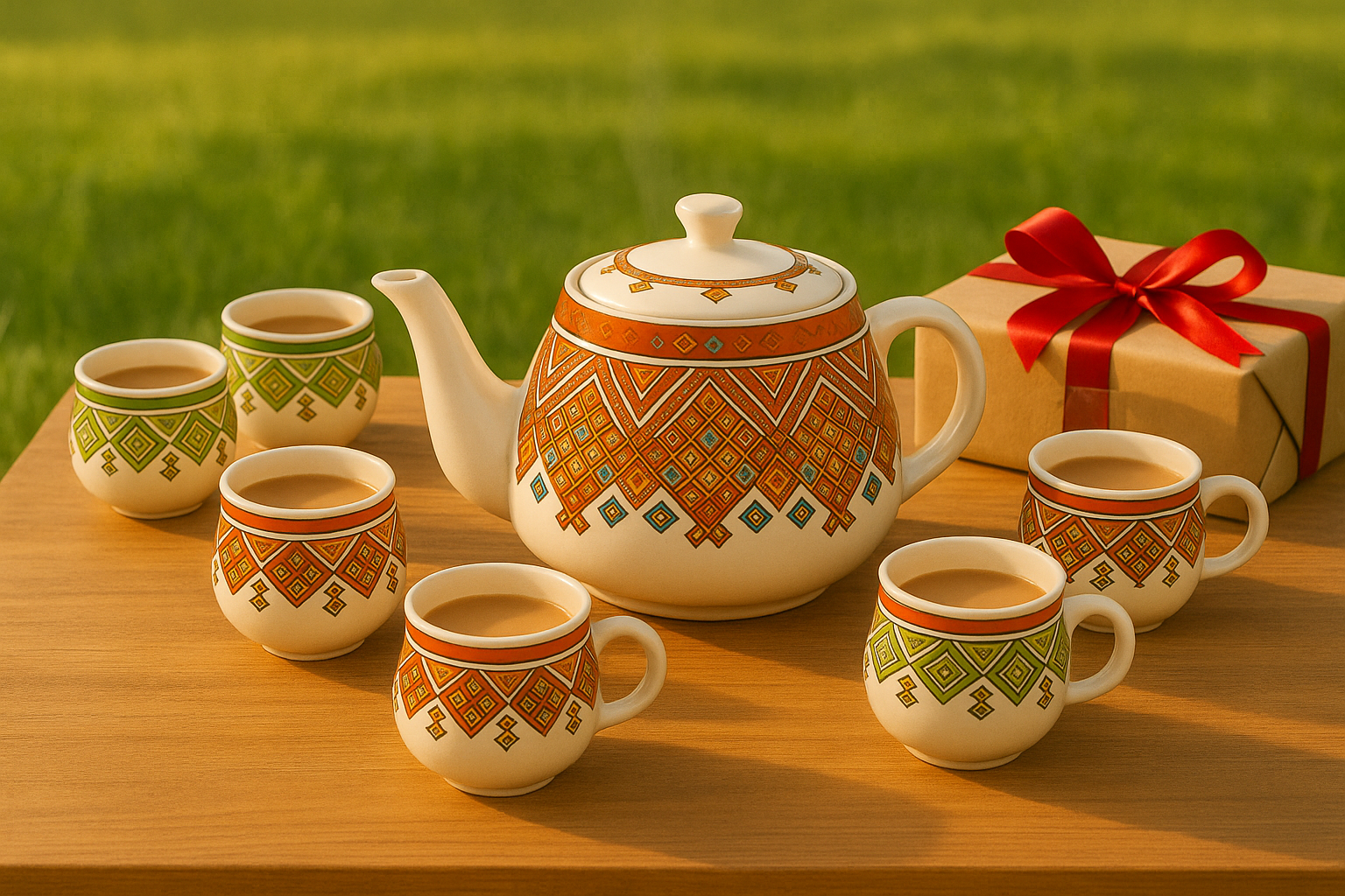 Hand-Painted Indian Ceramic Tea Set – 1 Kettle & 6 Cups | Ethnic Chai Set for Home & Gifting