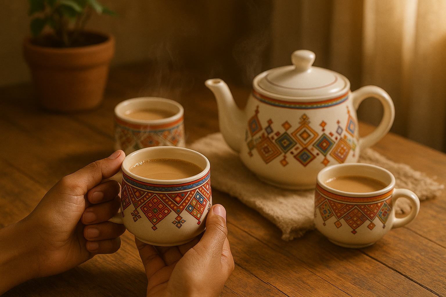Hand-Painted Indian Ceramic Tea Set – 1 Kettle & 6 Cups | Ethnic Chai Set for Home & Gifting