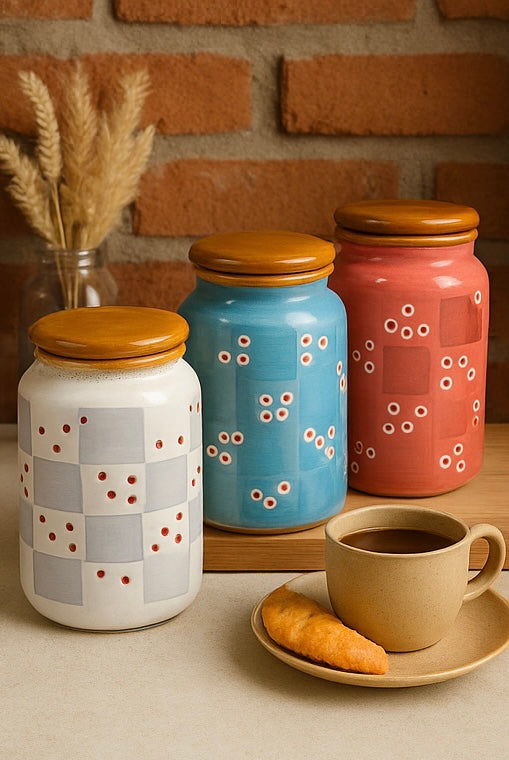 Ceramic Storage Jar Set with Lids | Nani Ki Martbaan Memory Jars | Handcrafted Kitchen Containers