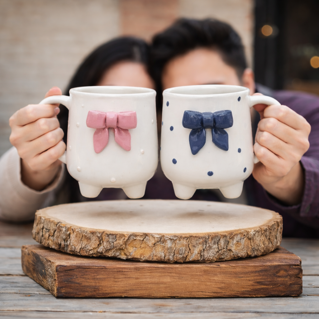 Valentine Couple Bow Hug Mug Set | Handcrafted Ceramic Mugs for Couples by GupShupCups