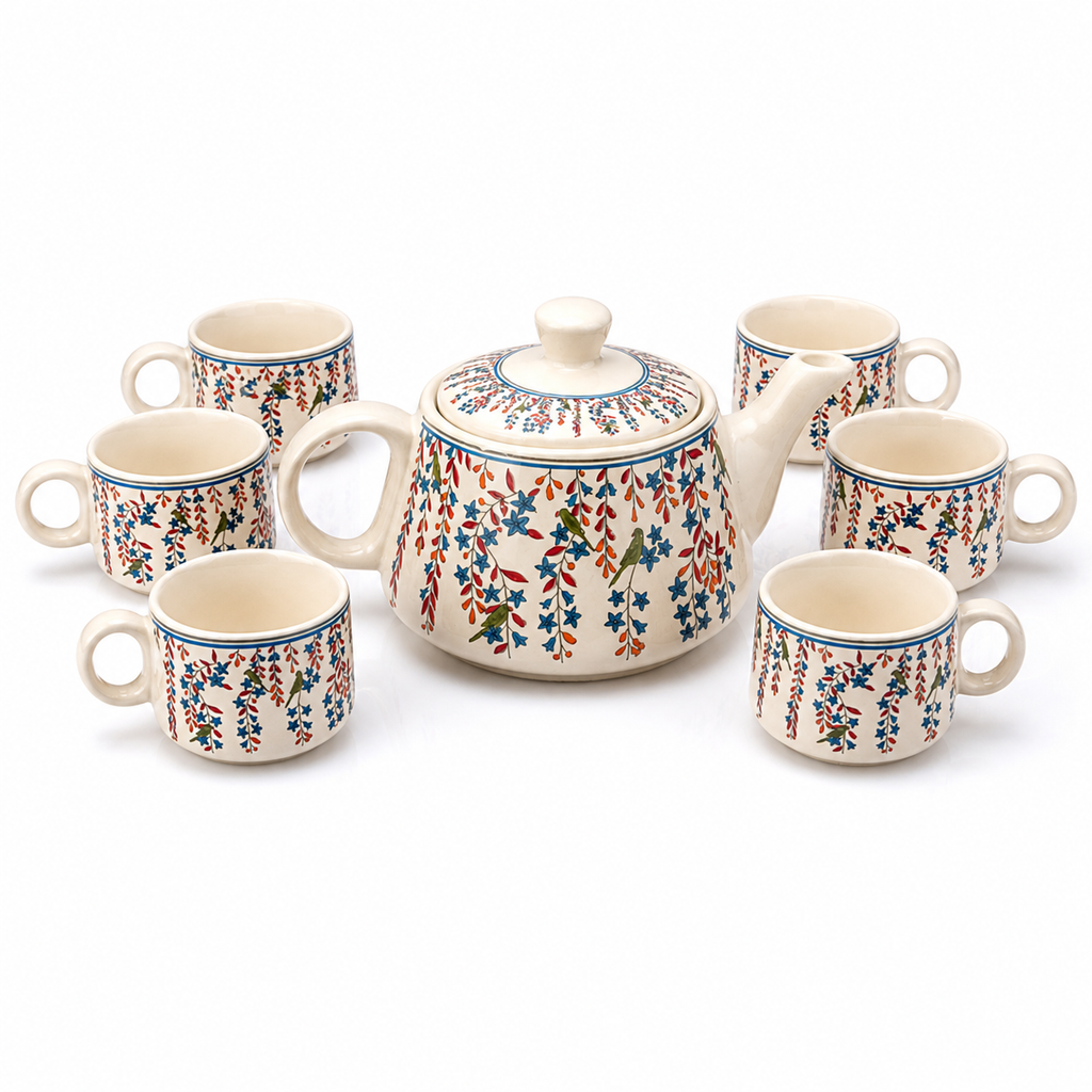 Floral Ceramic Tea Pot Set with Tea Cups – Handcrafted Tea Set for Gifting