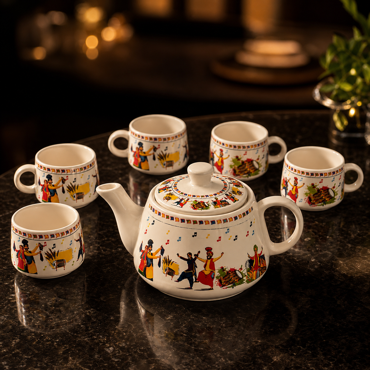 Folk Art Ceramic Tea Pot Set with Tea Cups – Handcrafted Tea Set for Gifting