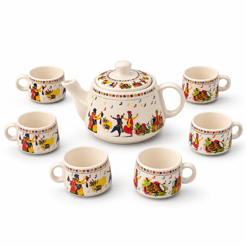 Folk Art Ceramic Tea Pot Set with Tea Cups – Handcrafted Tea Set for Gifting