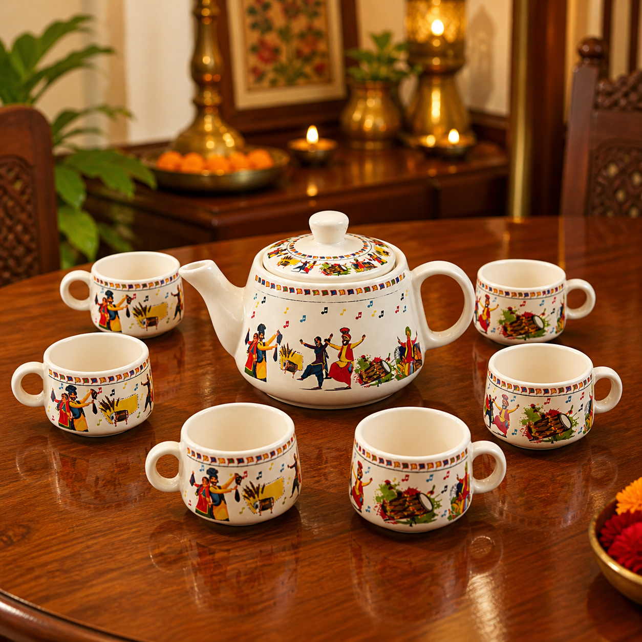 Folk Art Ceramic Tea Pot Set with Tea Cups – Handcrafted Tea Set for Gifting