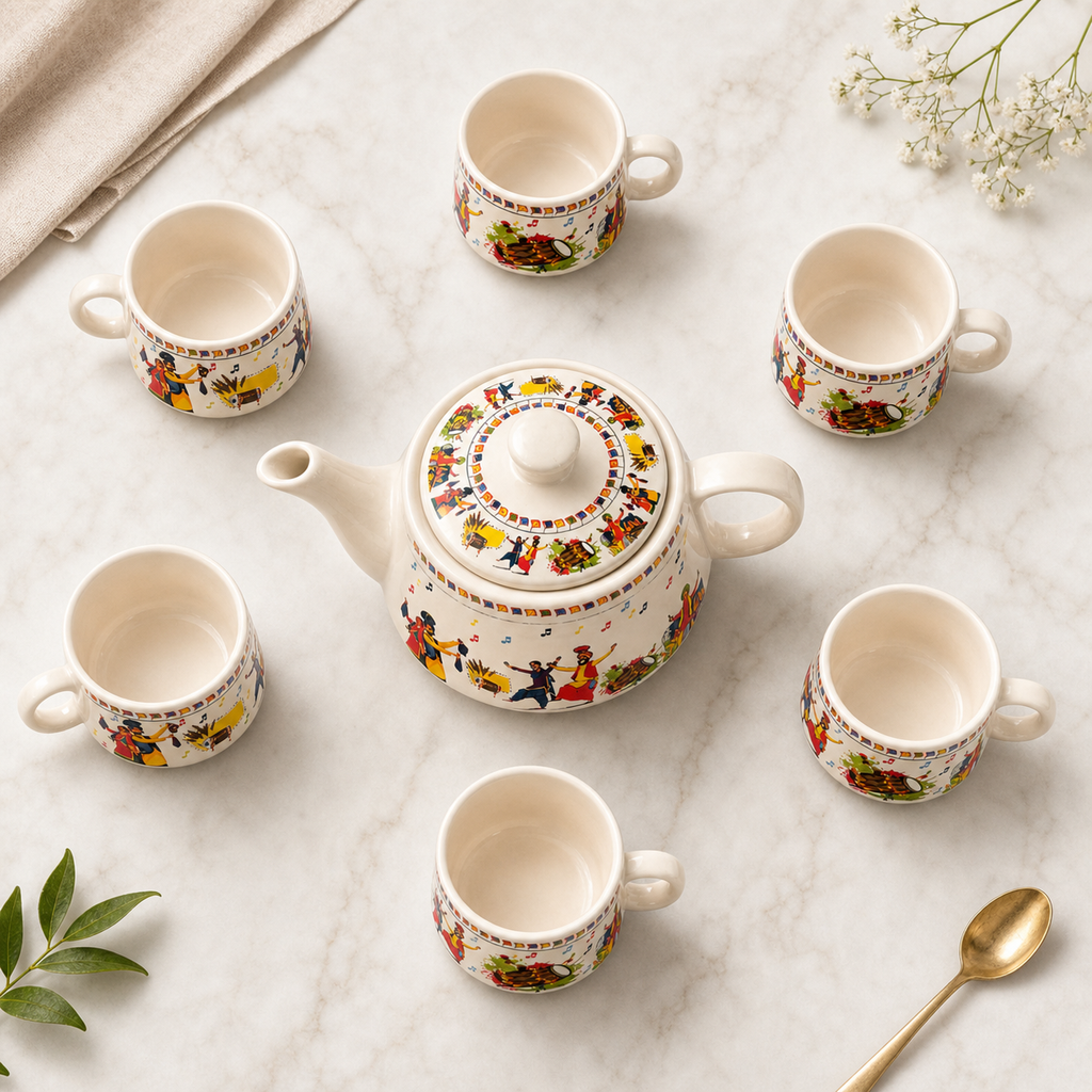 Folk Art Ceramic Tea Pot Set with Tea Cups – Handcrafted Tea Set for Gifting