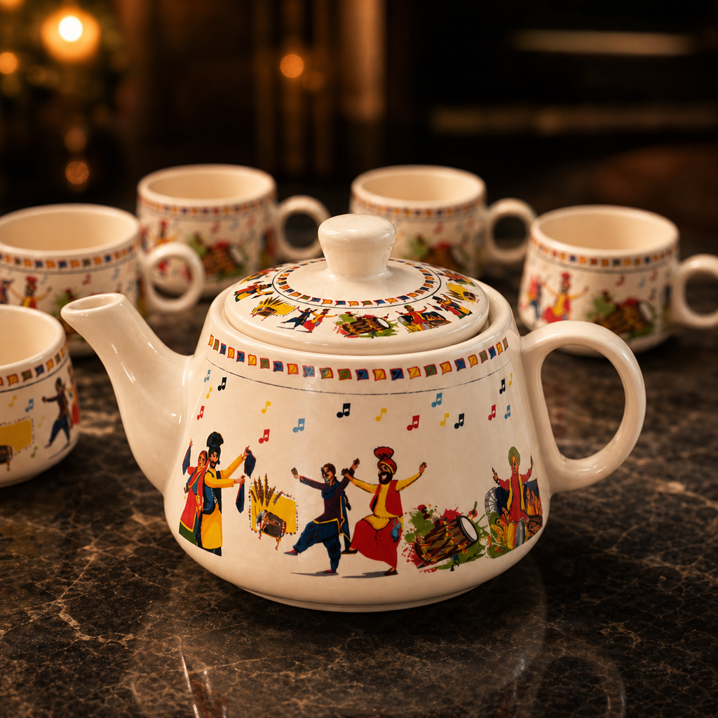 Folk Art Ceramic Tea Pot Set with Tea Cups – Handcrafted Tea Set for Gifting