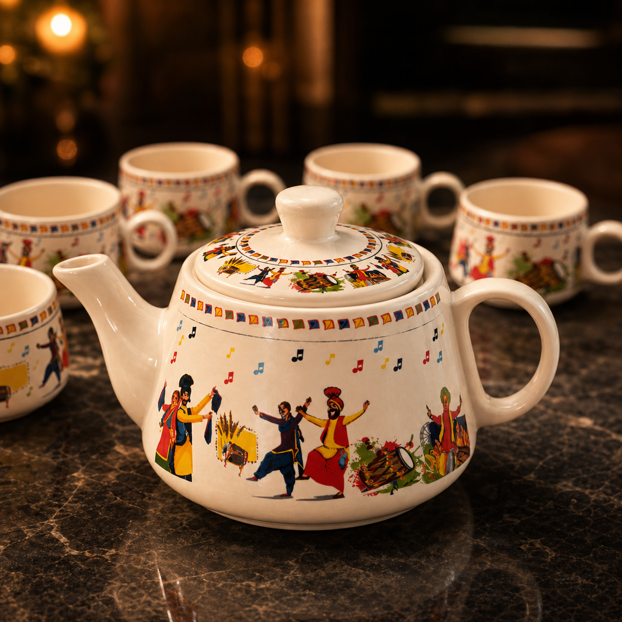 Folk Art Ceramic Tea Pot Set with Tea Cups – Handcrafted Tea Set for Gifting