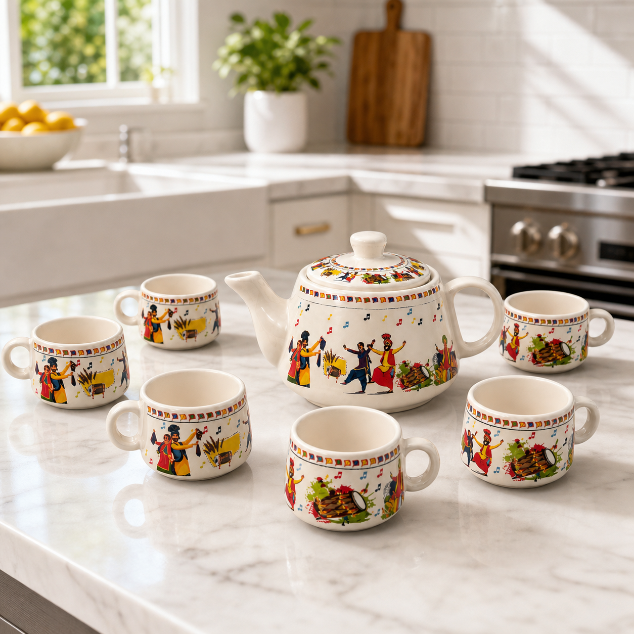 Folk Art Ceramic Tea Pot Set with Tea Cups – Handcrafted Tea Set for Gifting