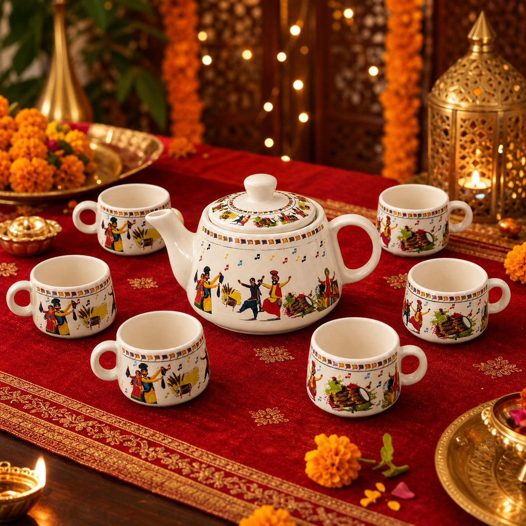 Folk Art Ceramic Tea Pot Set with Tea Cups – Handcrafted Tea Set for Gifting