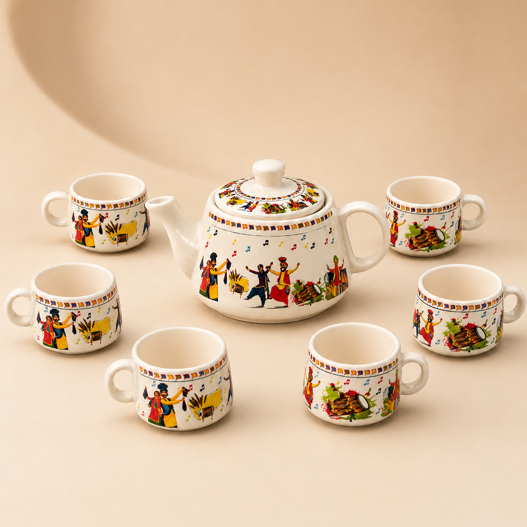 Folk Art Ceramic Tea Pot Set with Tea Cups – Handcrafted Tea Set for Gifting
