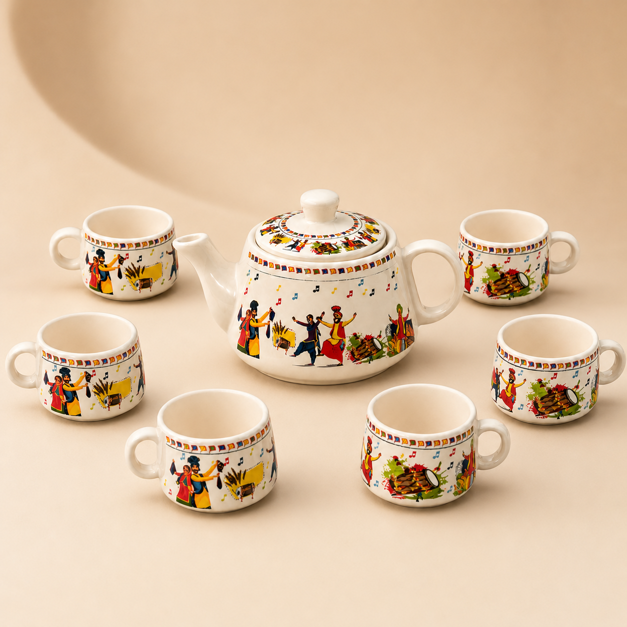 Folk Art Ceramic Tea Pot Set with Tea Cups – Handcrafted Tea Set for Gifting