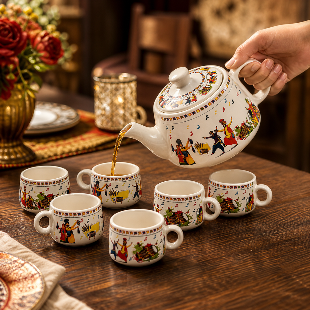 Folk Art Ceramic Tea Pot Set with Tea Cups – Handcrafted Tea Set for Gifting