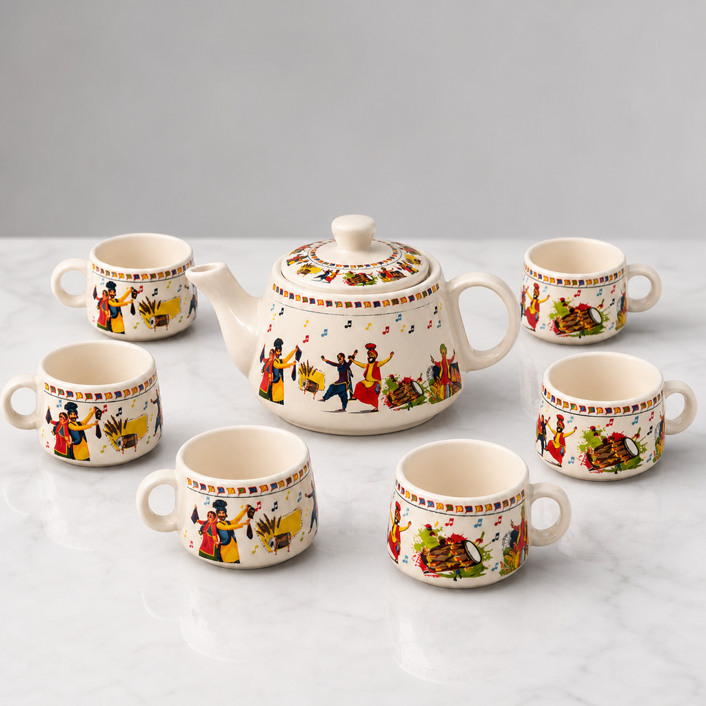 Folk Art Ceramic Tea Pot Set with Tea Cups – Handcrafted Tea Set for Gifting
