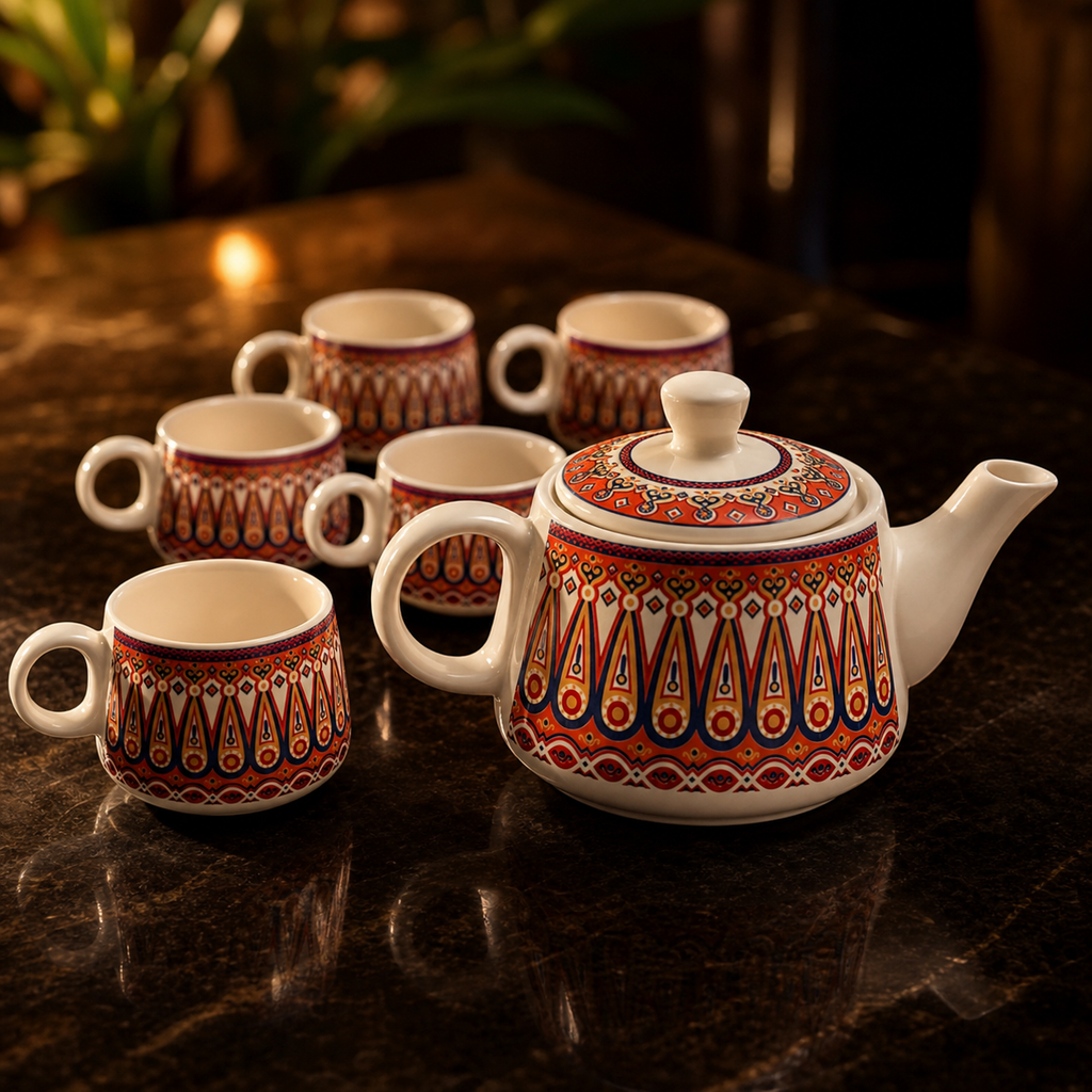 Geometric Ceramic Tea Pot Set with Tea Cups – Handcrafted Tea Set for Gifting
