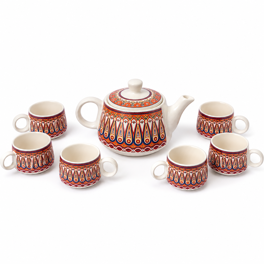 Geometric Ceramic Tea Pot Set with Tea Cups – Handcrafted Tea Set for Gifting