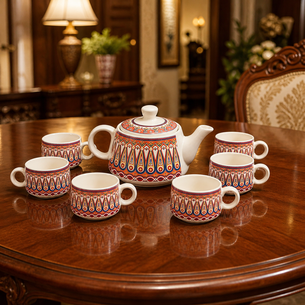 Geometric Ceramic Tea Pot Set with Tea Cups – Handcrafted Tea Set for Gifting