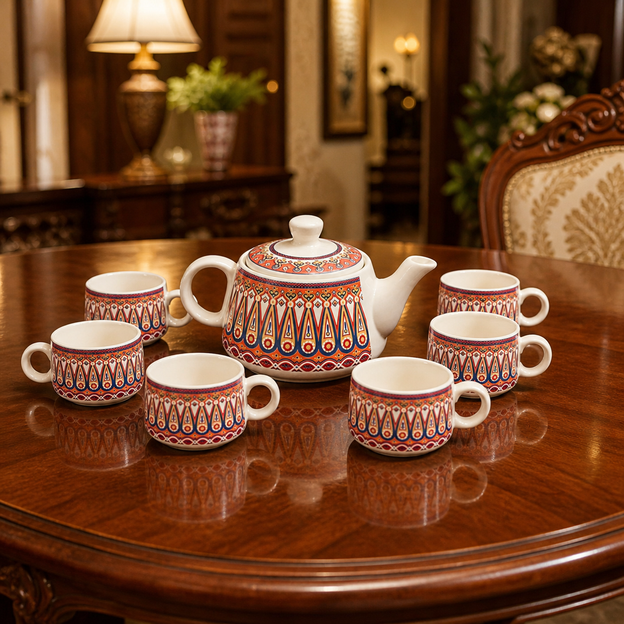 Geometric Ceramic Tea Pot Set with Tea Cups – Handcrafted Tea Set for Gifting