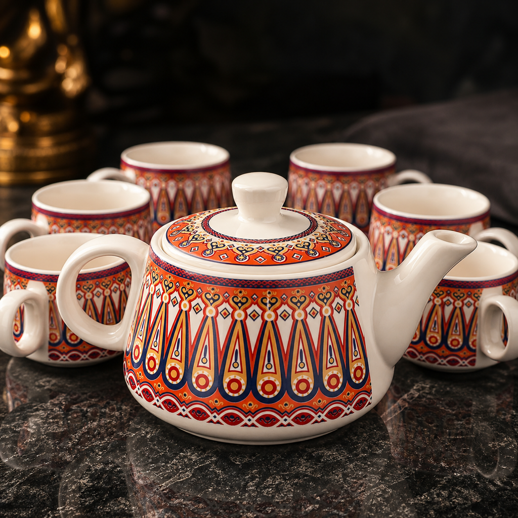 Geometric Ceramic Tea Pot Set with Tea Cups – Handcrafted Tea Set for Gifting