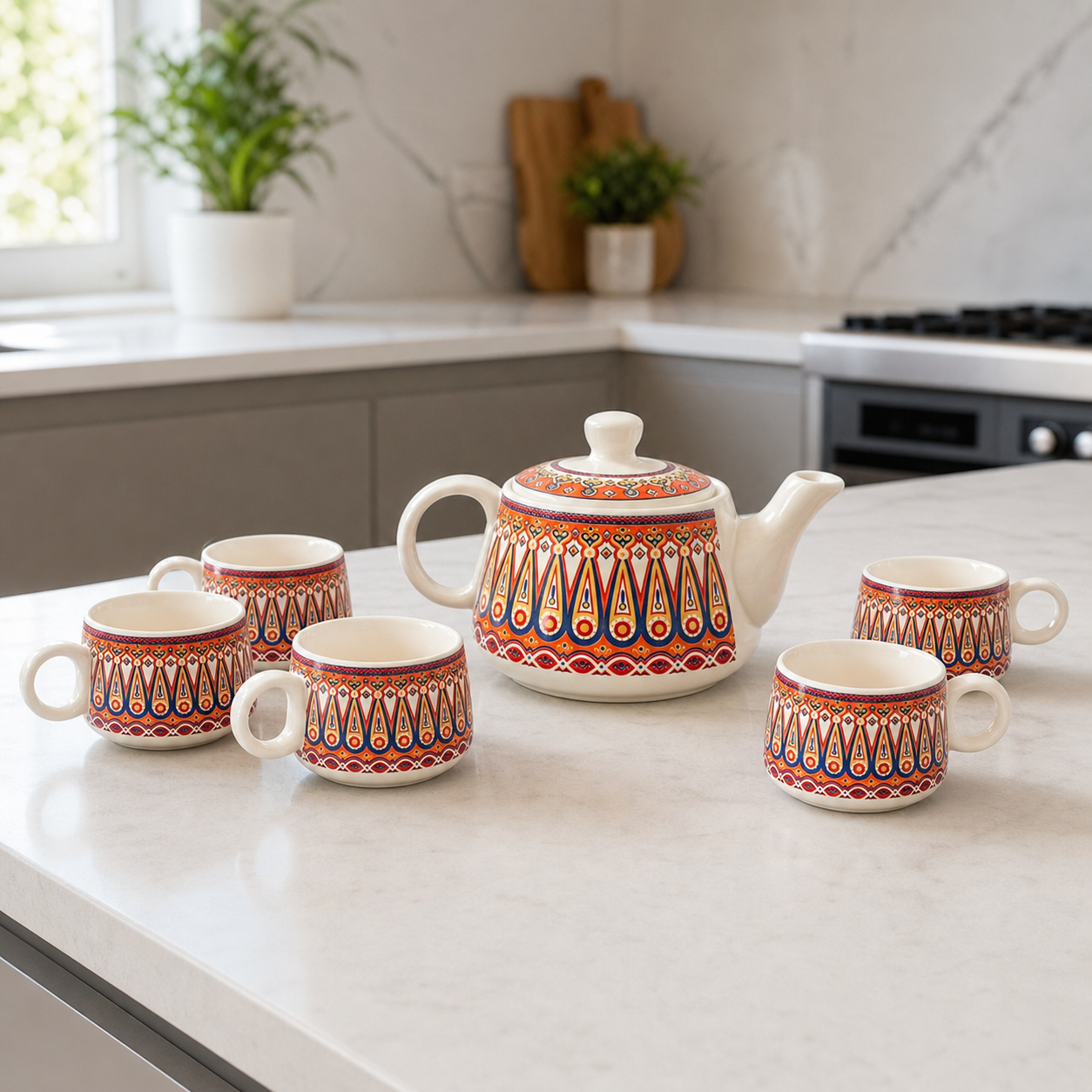 Geometric Ceramic Tea Pot Set with Tea Cups – Handcrafted Tea Set for Gifting