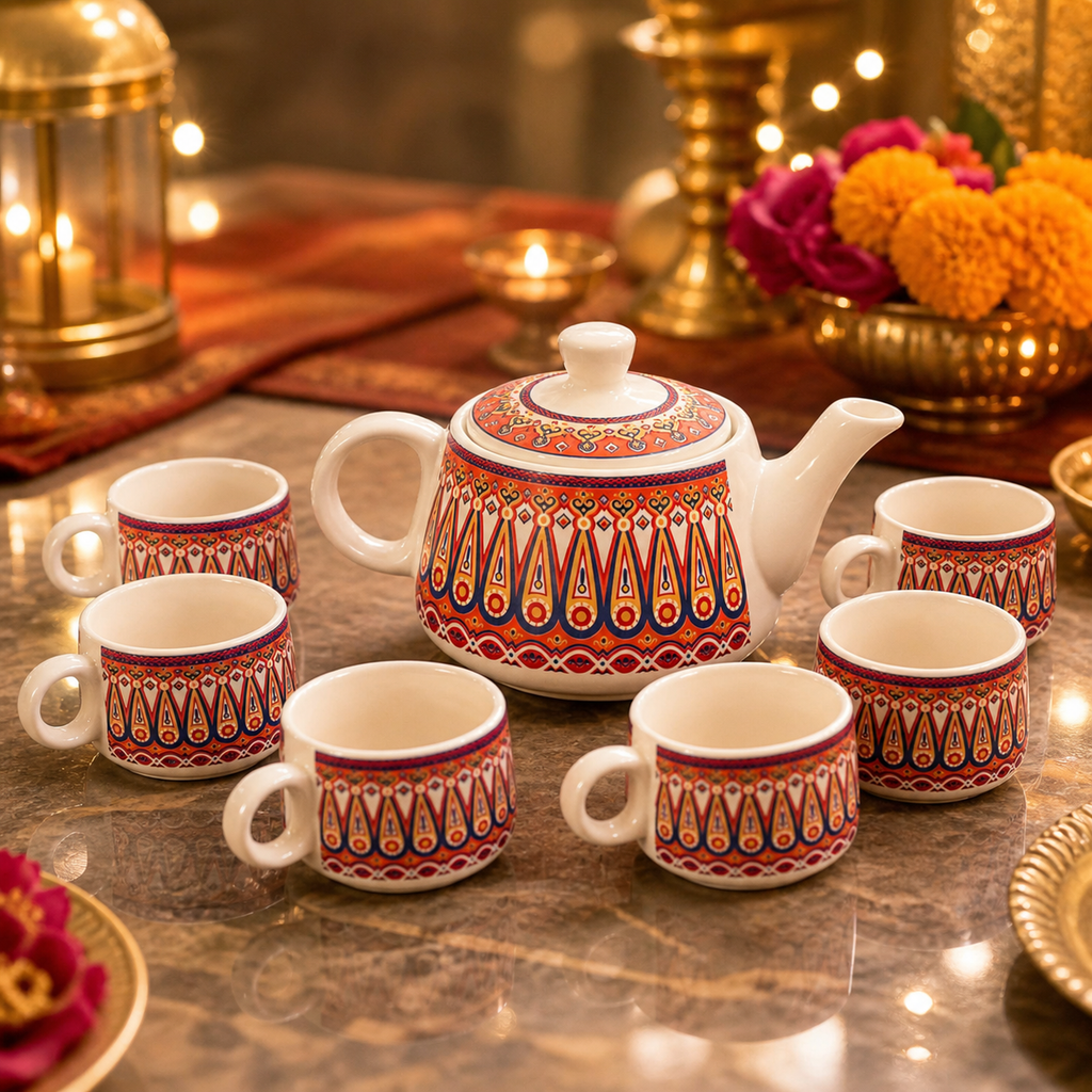 Geometric Ceramic Tea Pot Set with Tea Cups – Handcrafted Tea Set for Gifting