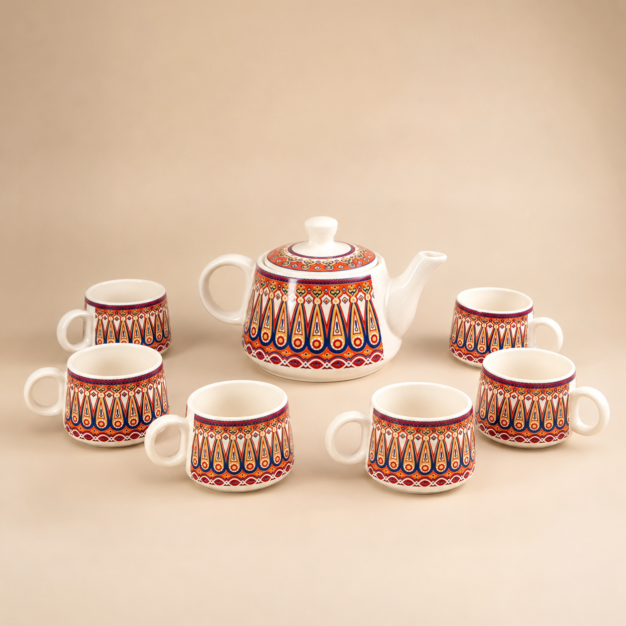 Geometric Ceramic Tea Pot Set with Tea Cups – Handcrafted Tea Set for Gifting