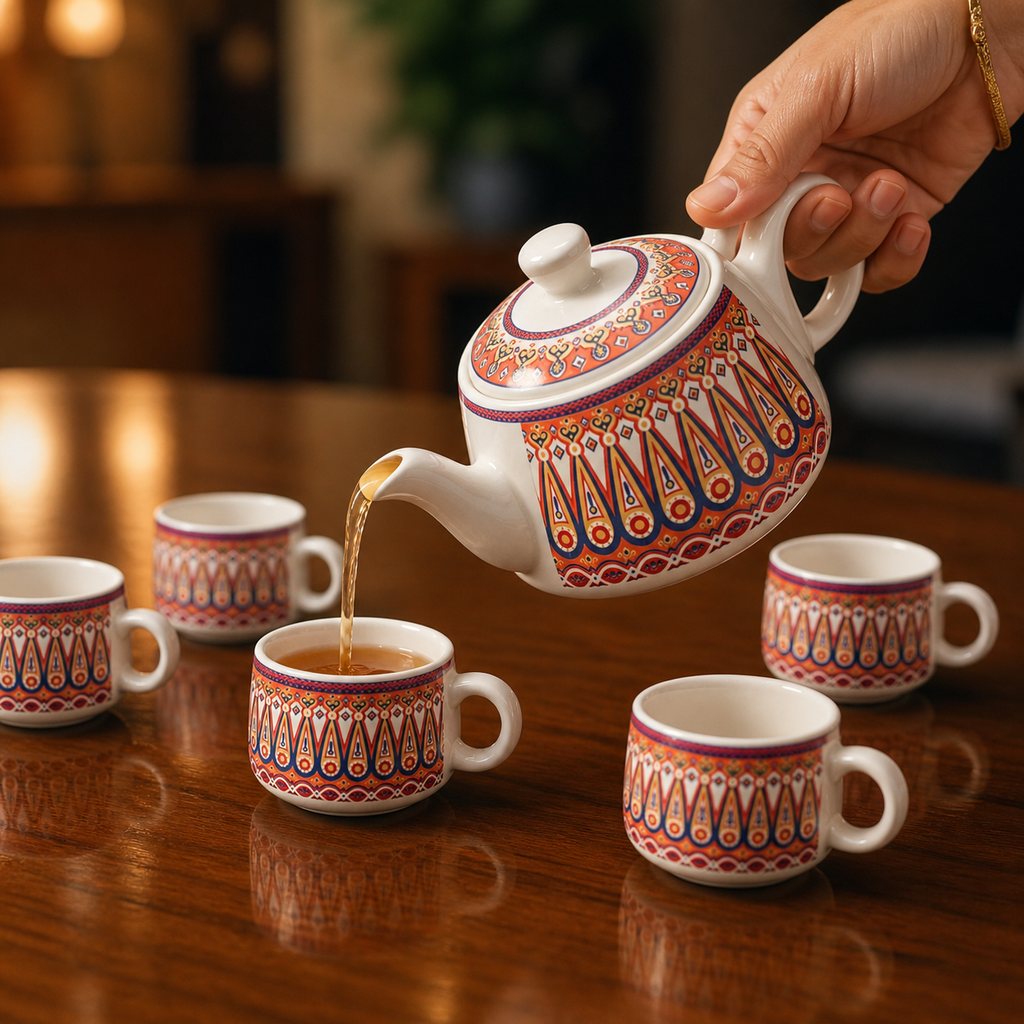 Geometric Ceramic Tea Pot Set with Tea Cups – Handcrafted Tea Set for Gifting