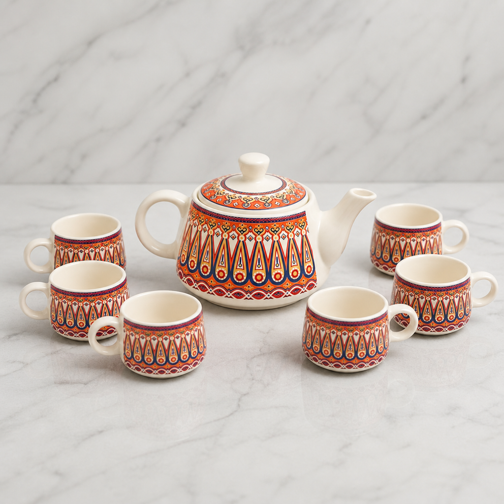Geometric Ceramic Tea Pot Set with Tea Cups – Handcrafted Tea Set for Gifting