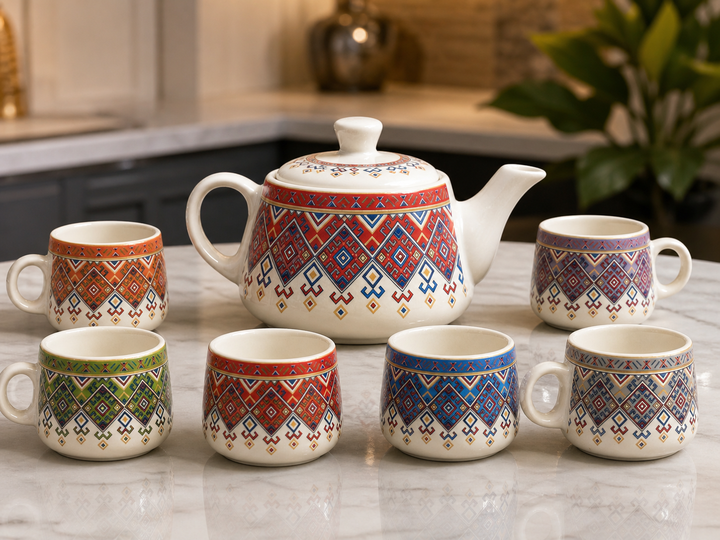 Ethnic Pattern Ceramic Tea Pot Set with Tea Cups – Handcrafted Tea Set for Gifting