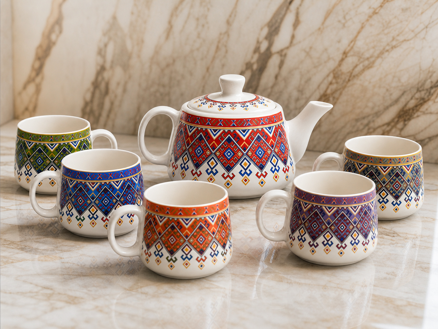 Ethnic Pattern Ceramic Tea Pot Set with Tea Cups – Handcrafted Tea Set for Gifting
