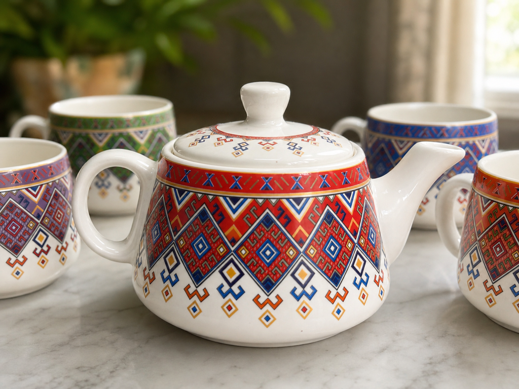 Ethnic Pattern Ceramic Tea Pot Set with Tea Cups – Handcrafted Tea Set for Gifting