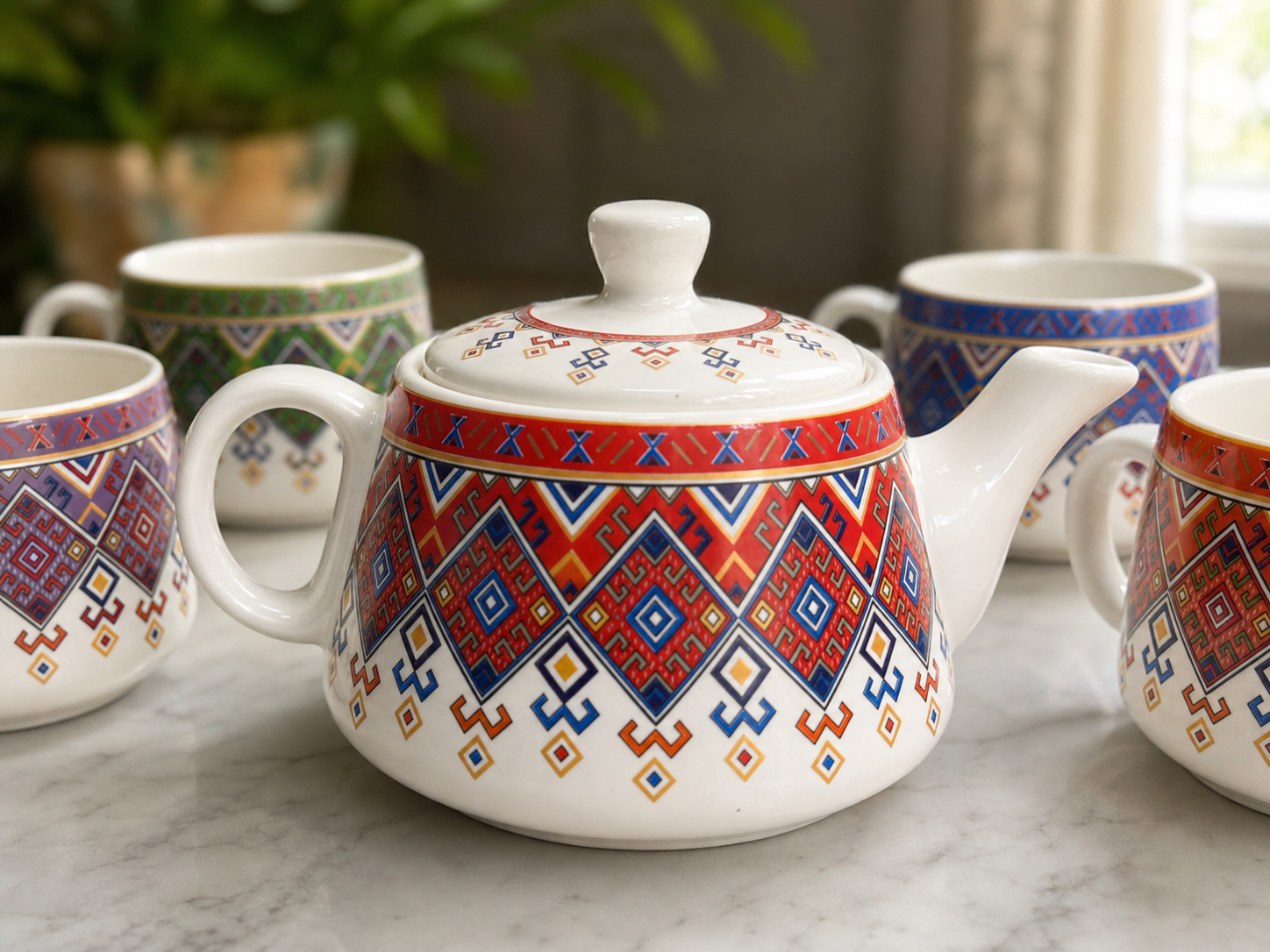 Ethnic Pattern Ceramic Tea Pot Set with Tea Cups – Handcrafted Tea Set for Gifting