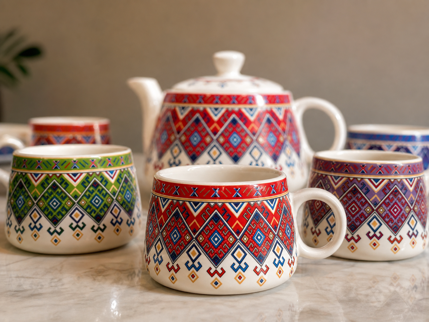 Ethnic Pattern Ceramic Tea Pot Set with Tea Cups – Handcrafted Tea Set for Gifting
