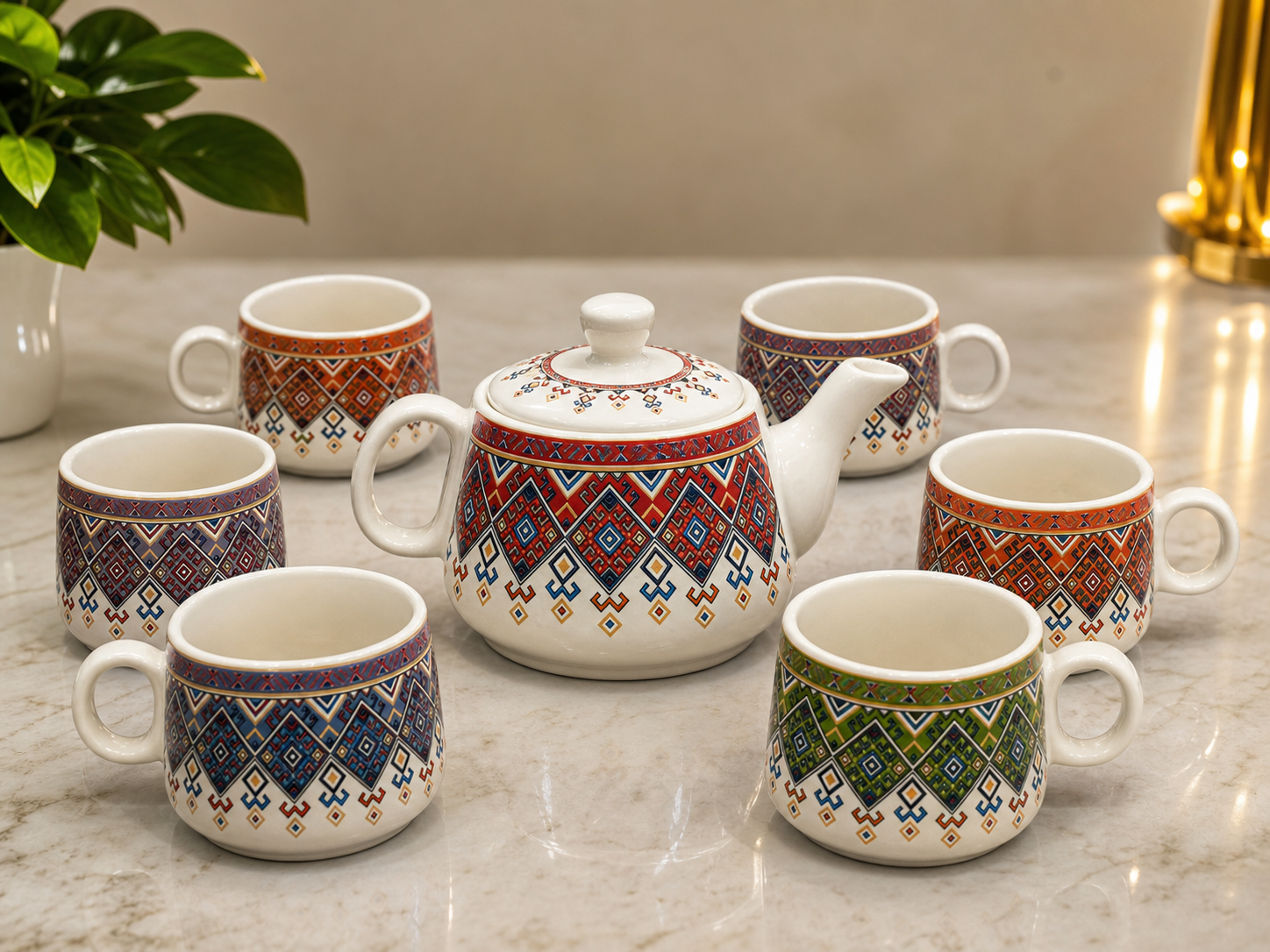 Ethnic Pattern Ceramic Tea Pot Set with Tea Cups – Handcrafted Tea Set for Gifting
