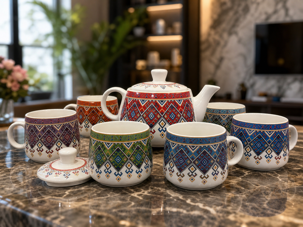 Ethnic Pattern Ceramic Tea Pot Set with Tea Cups – Handcrafted Tea Set for Gifting