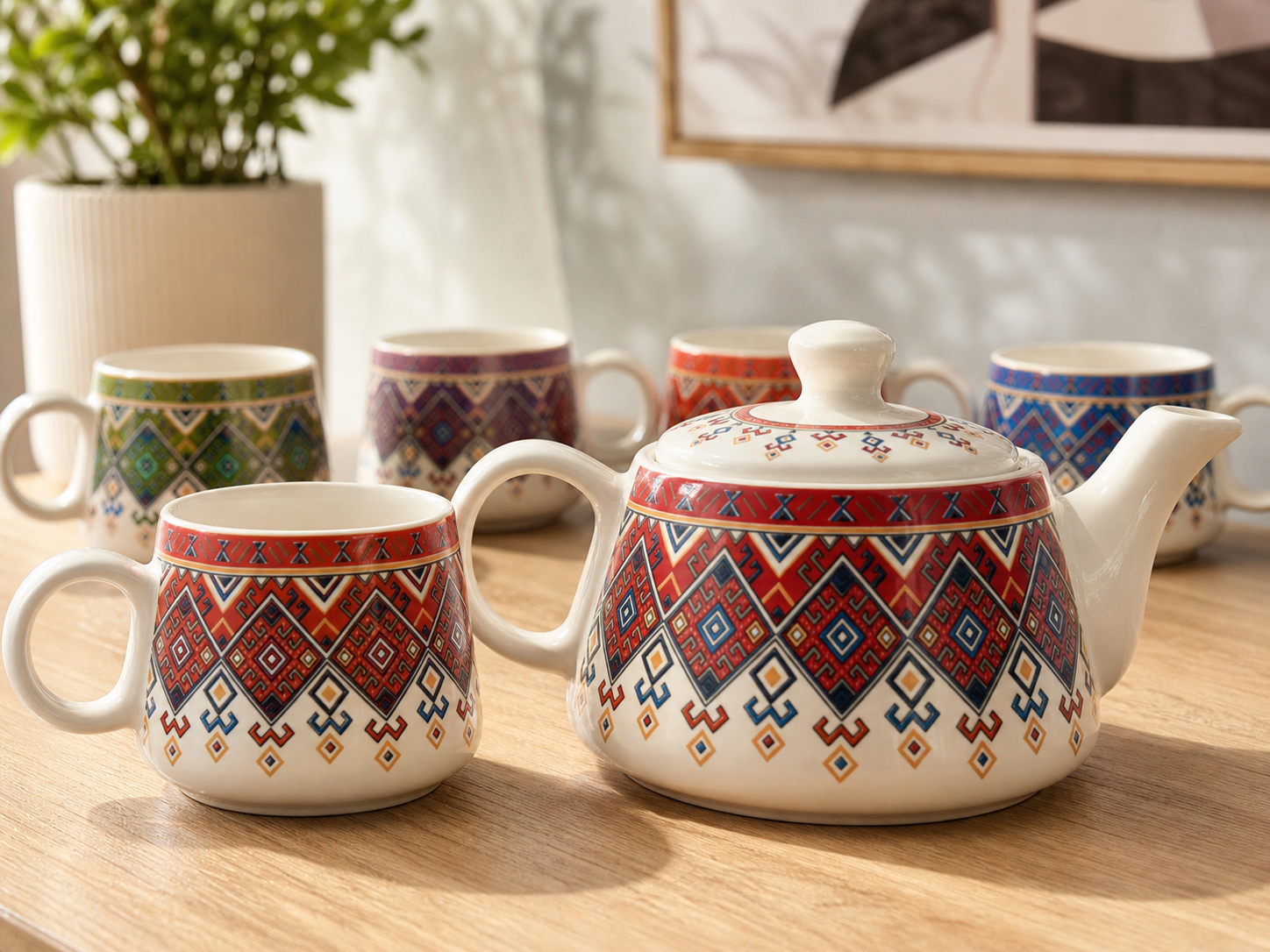 Ethnic Pattern Ceramic Tea Pot Set with Tea Cups – Handcrafted Tea Set for Gifting